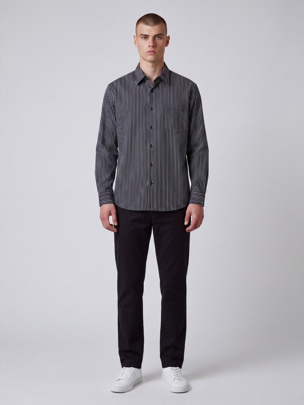 Claiborne Black and White Vertical Stripe Dress Shirt